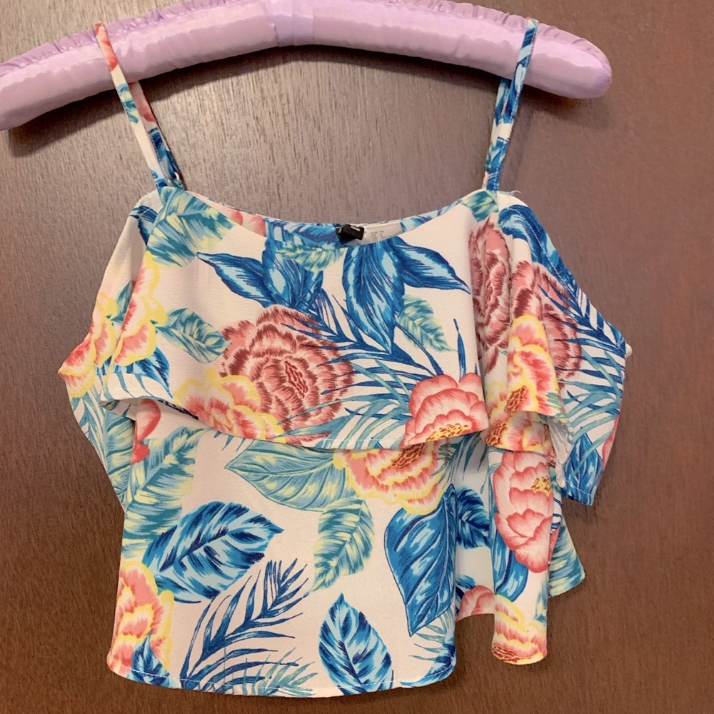 H&M Size XS Tropical Floral Cold Shoulder Top